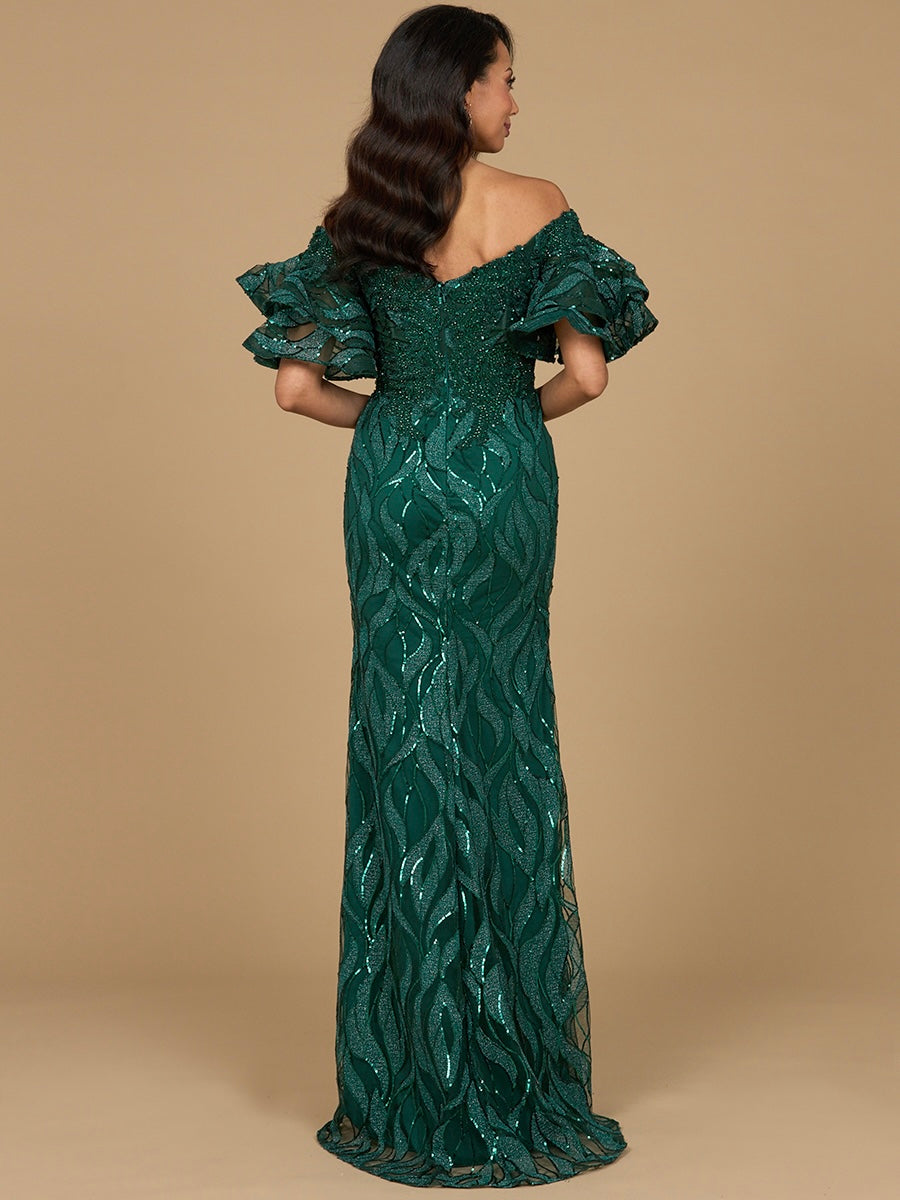 Off Shoulder Mermaid Beaded Gown with Tiered Sleeves