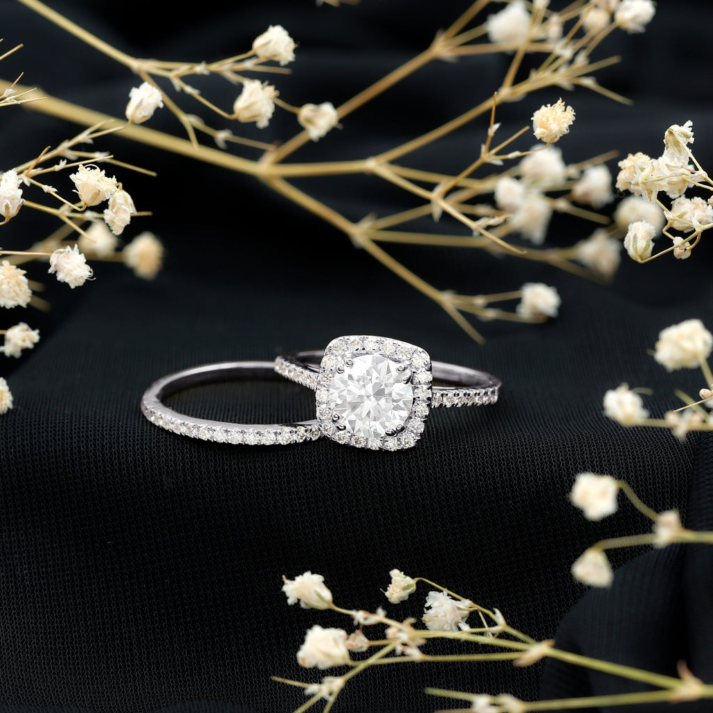 Round Certified Moissanite Wedding Ring Set with Halo